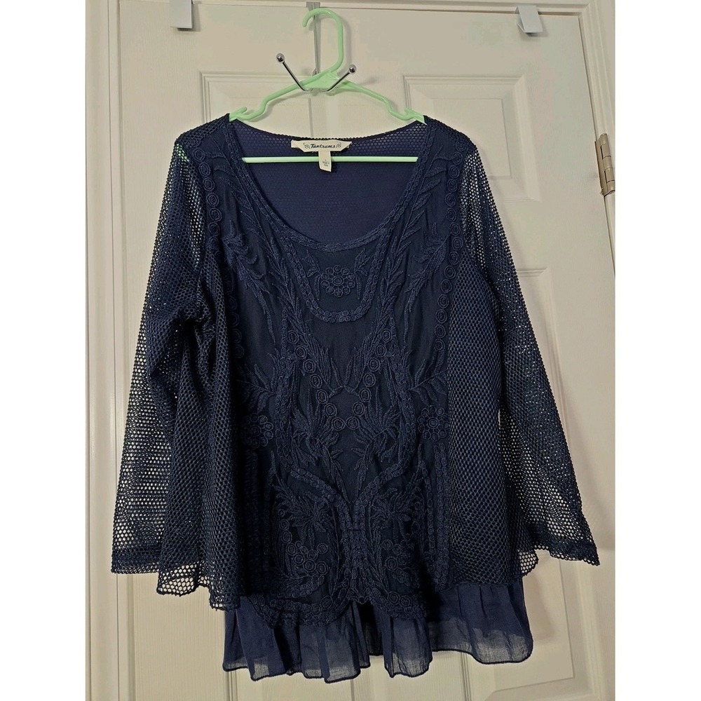 Tantrums Women's Size L Navy Lace Trim 3/4 Sleeve Blouse Top‎ Shirt